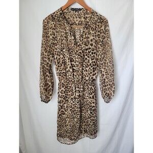 White House Black Market WHBM Leopard Print Dress Size 0 Sheer Long Sleeve Gold